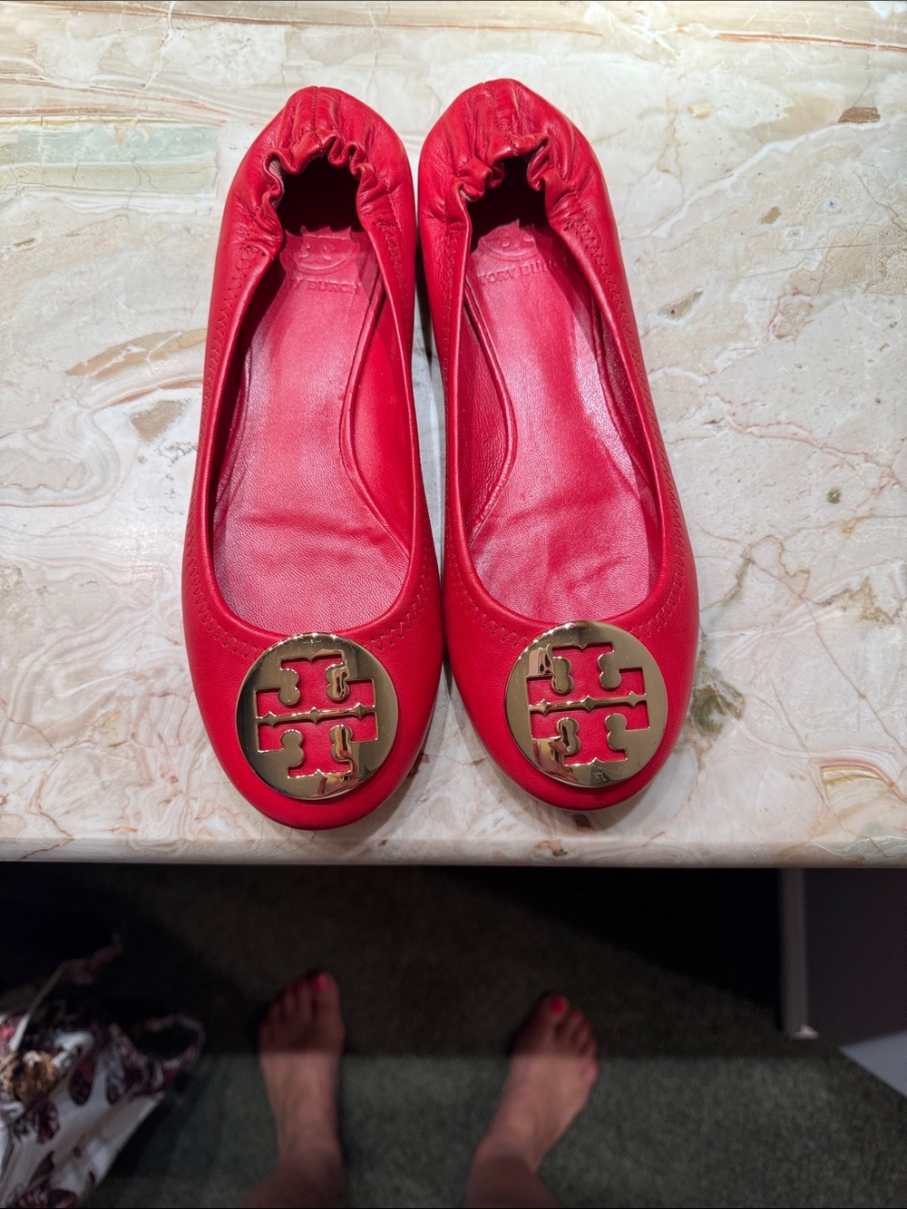 Tory Burch Red Leather Logo Ballet Flats